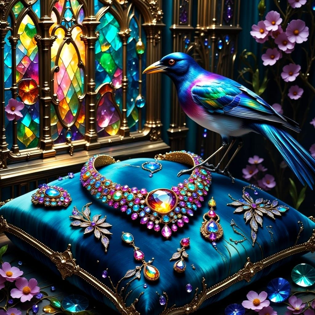 Opulent Jewelry Display in a Whimsical Fantasy Setting