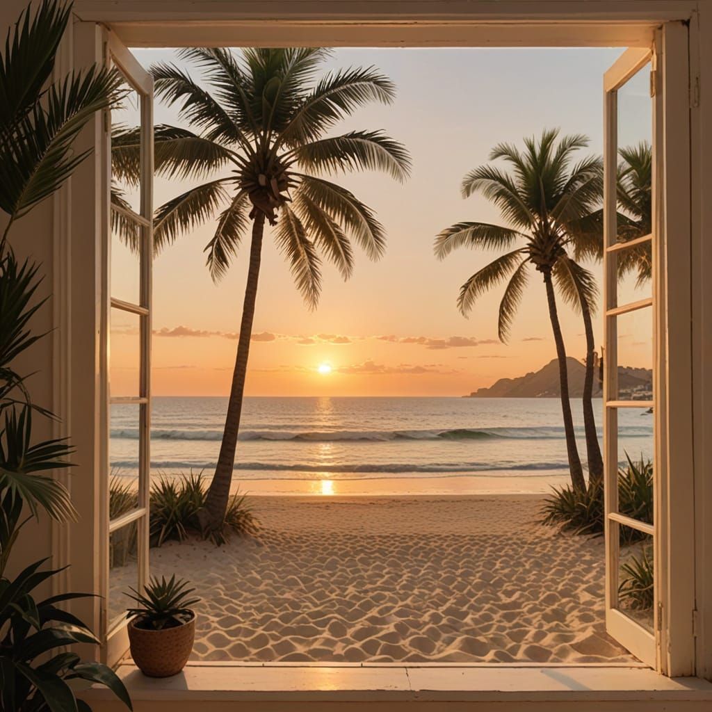 Golden Seaside Sunset Through Beachside Window