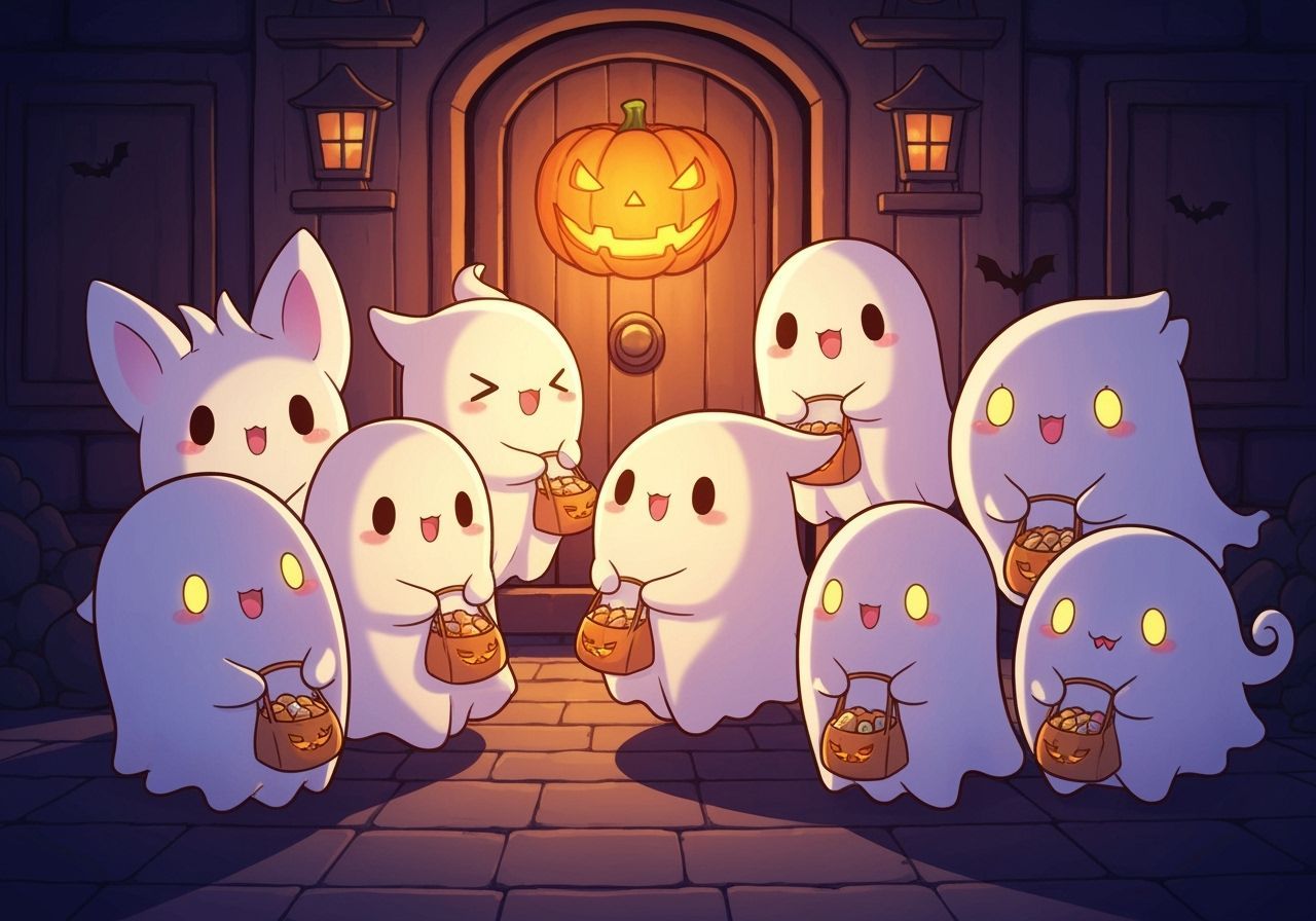 Cute Chibi Ghosts Trick-or-Treating on Halloween Night