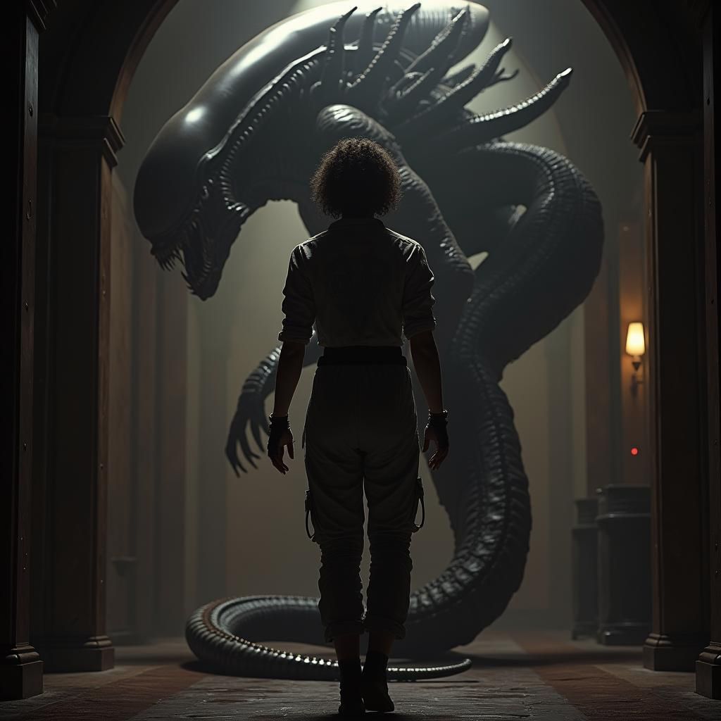 Ripley Confronts the Xenomorph in Dark Fantasy Style