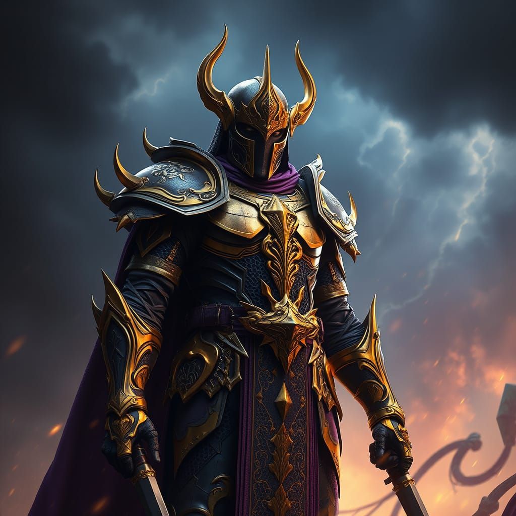 Dark Fantasy Warrior in Stormy Light, Hyperdetailed Art