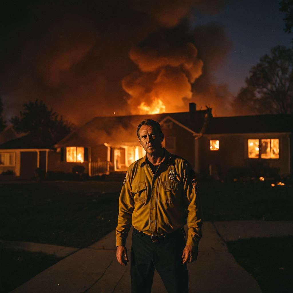 Distraught Man Amidst Inferno: Cinematic Film Still