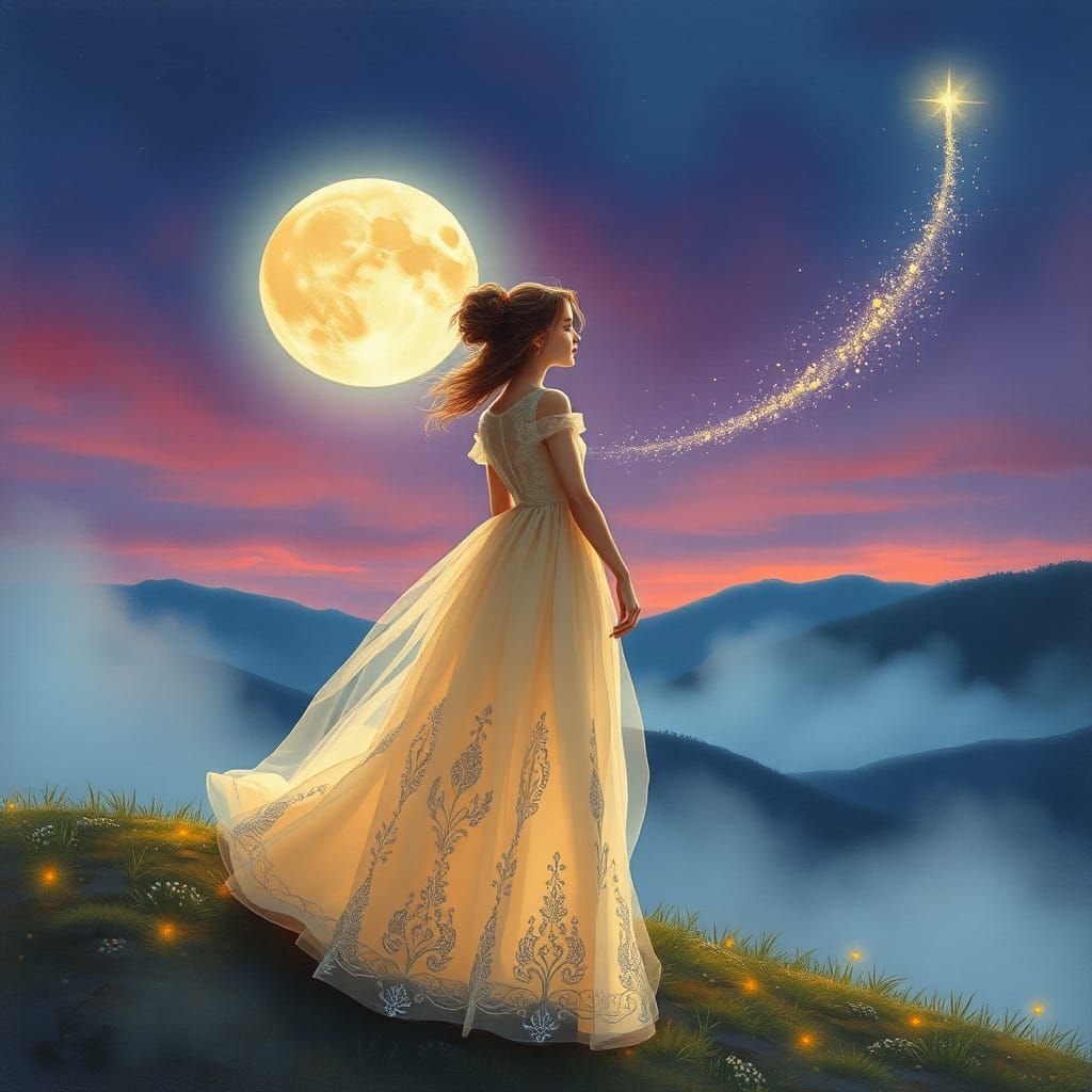 Enchanted Woman on Moonlit Hillside