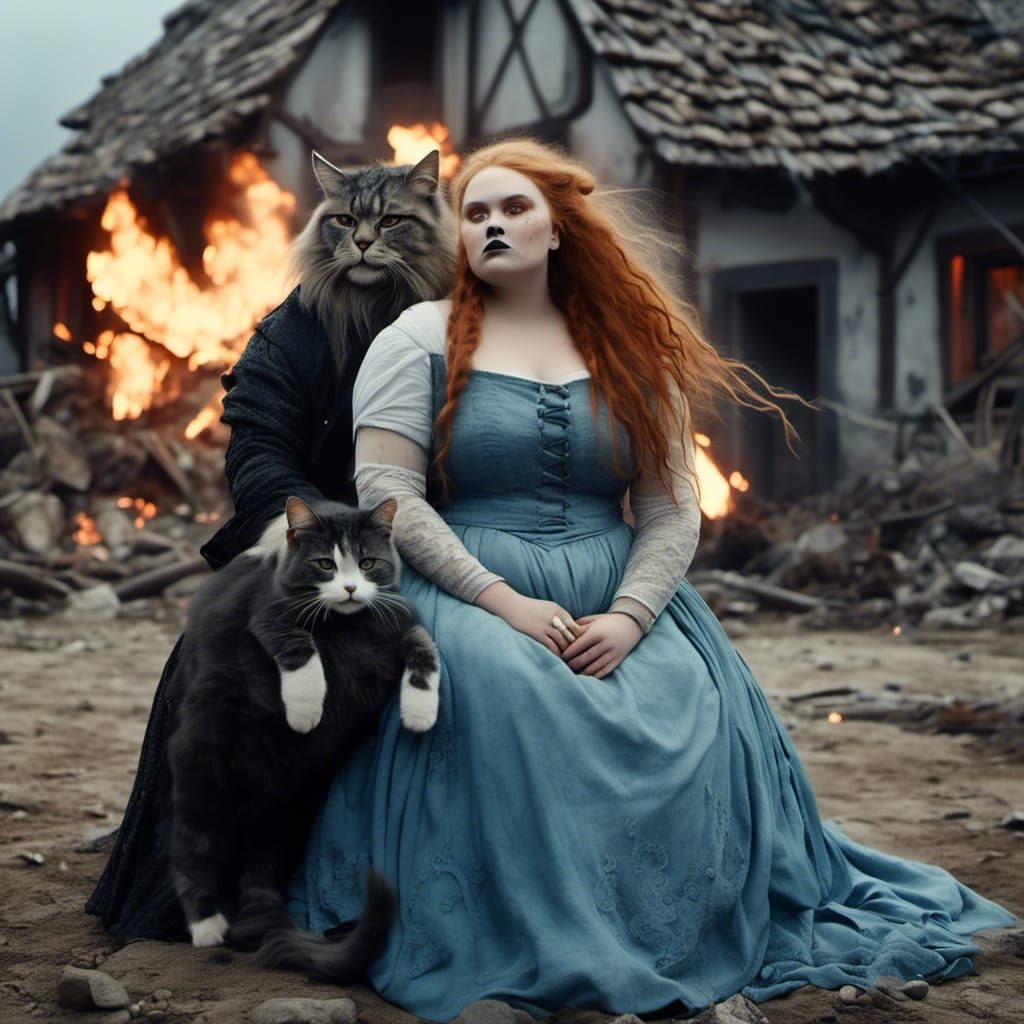 Obese Goth Man in Burning Village: Hyperrealism