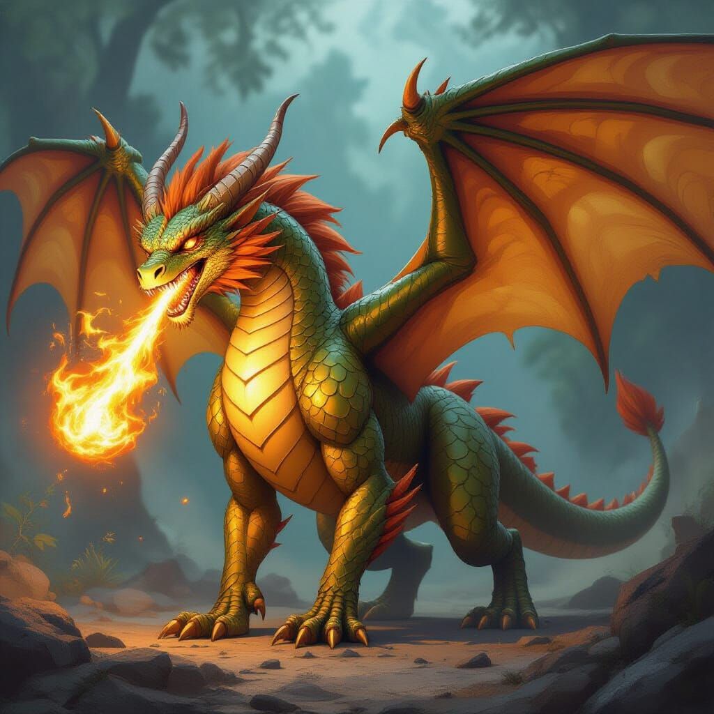 Golden Dragon with Lion's Mane, Fire Breath