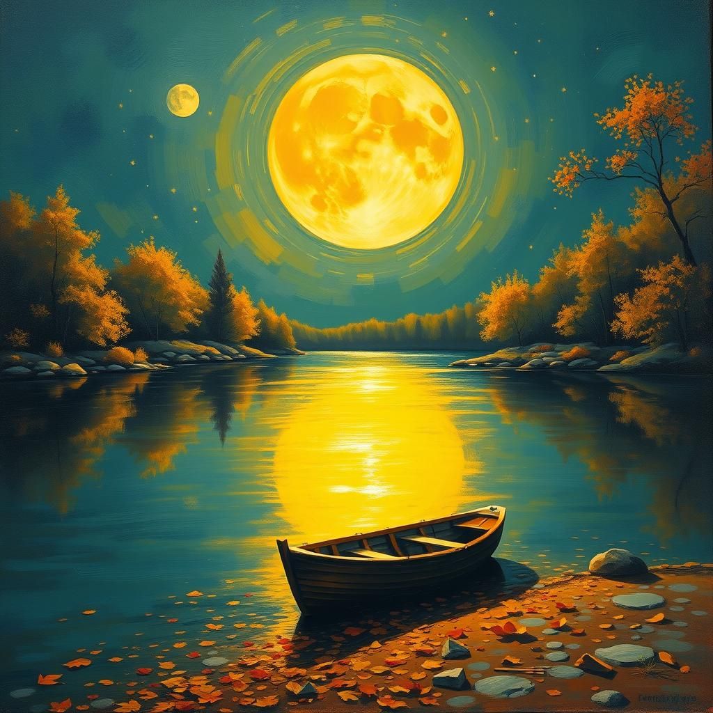 Autumn Lake at Full Moon in Impressionistic Style