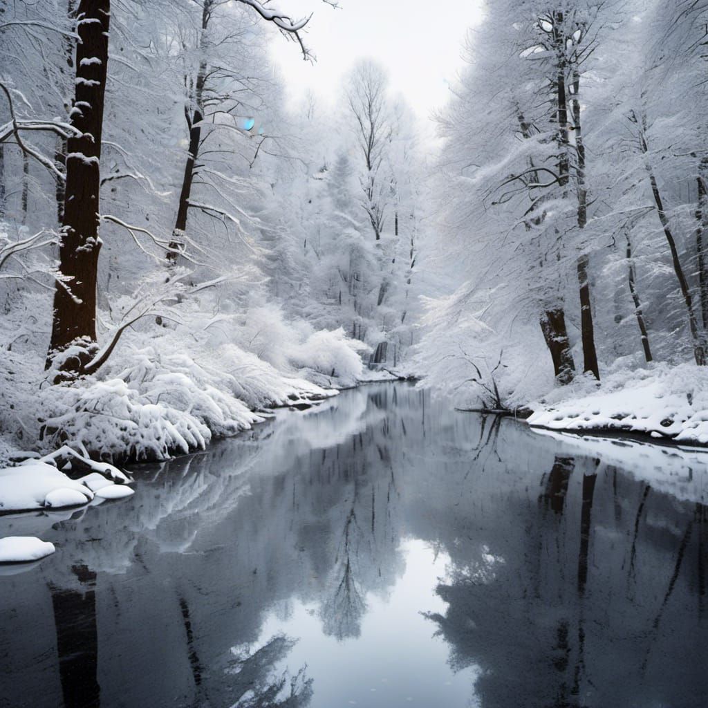 Snowy Winter Landscape with Silver Reflections