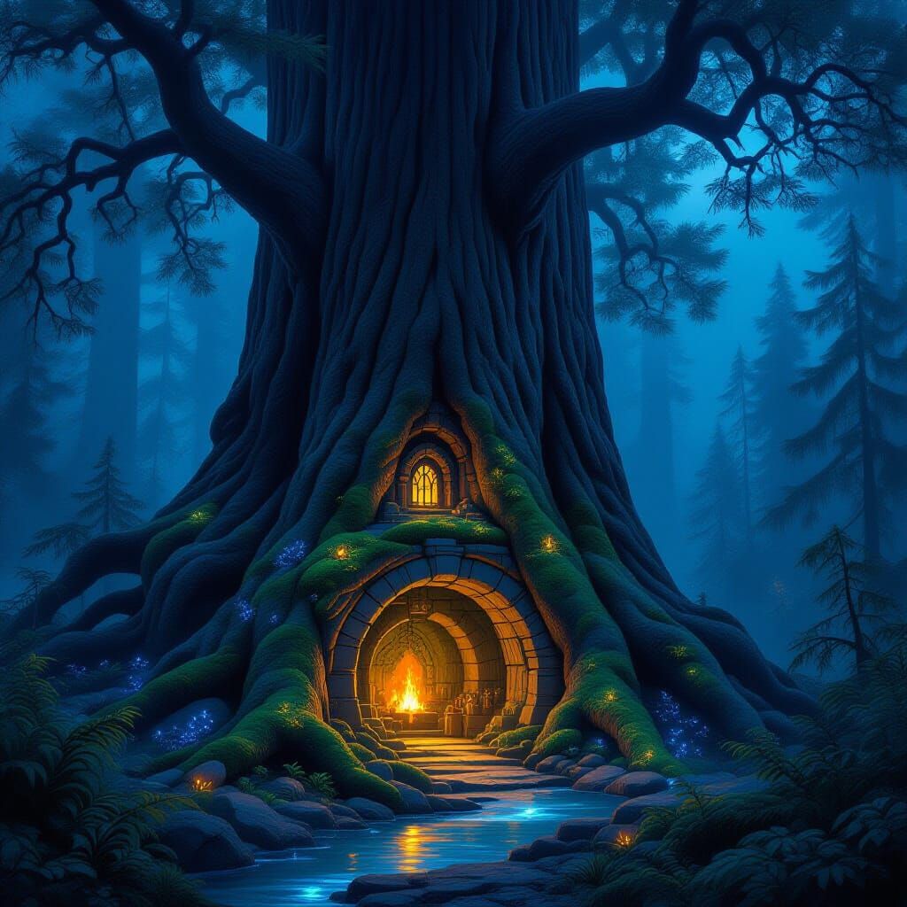 Ancient Redwood Forest Entrance to Dwarven City at Twilight