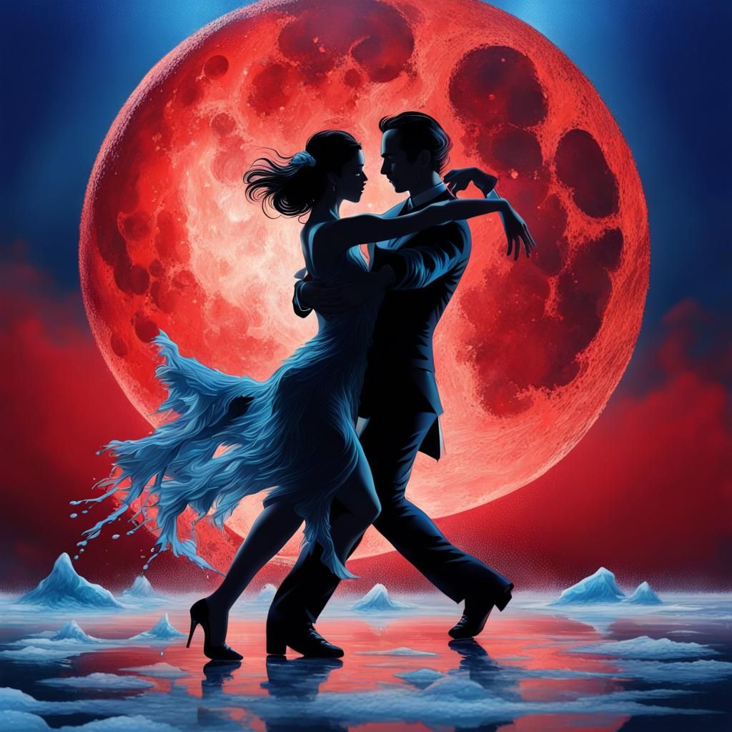 Tango Couple Dancing Under Red Moon: Hyperrealistic Art