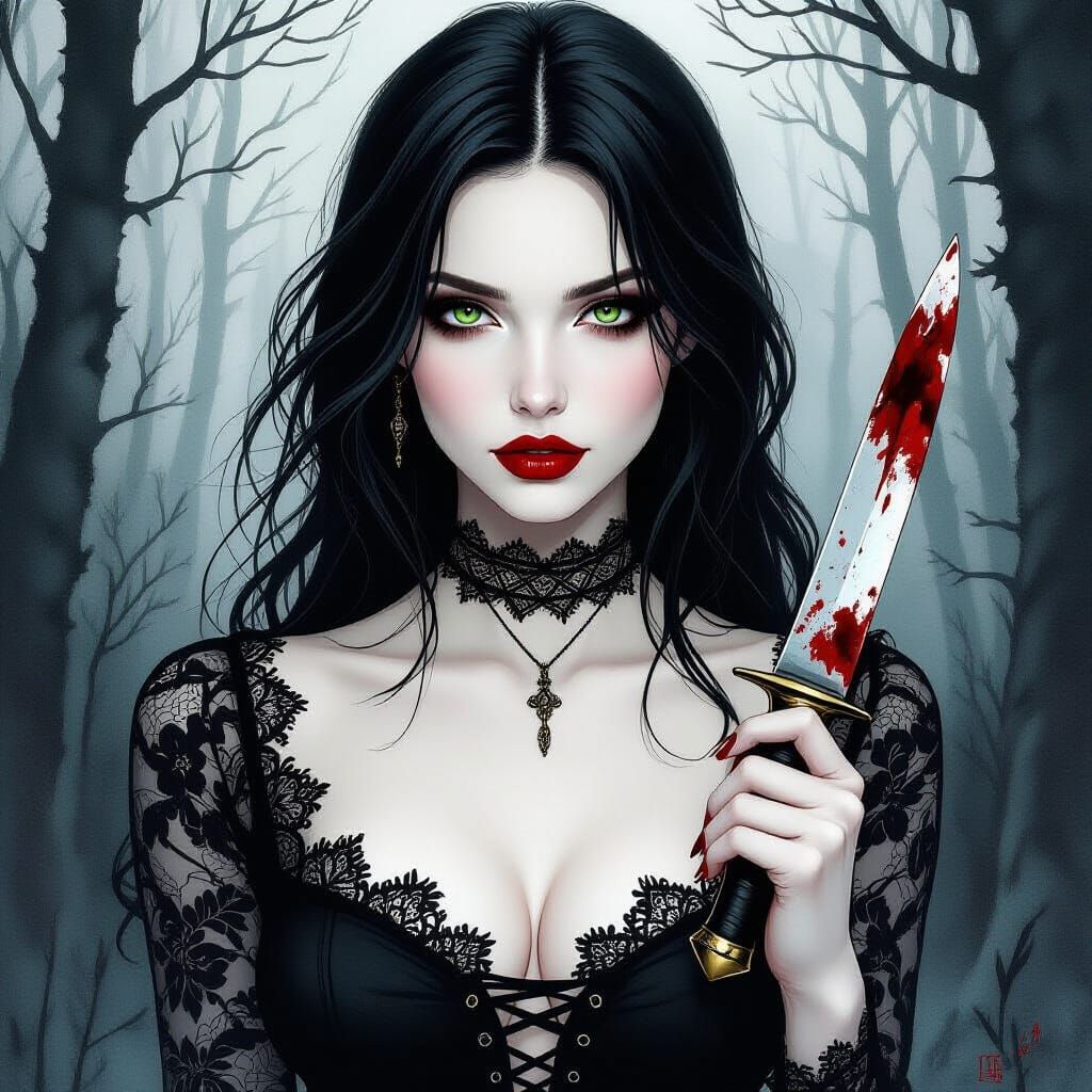 Melancholic Woman with Knife in Dreary Forest