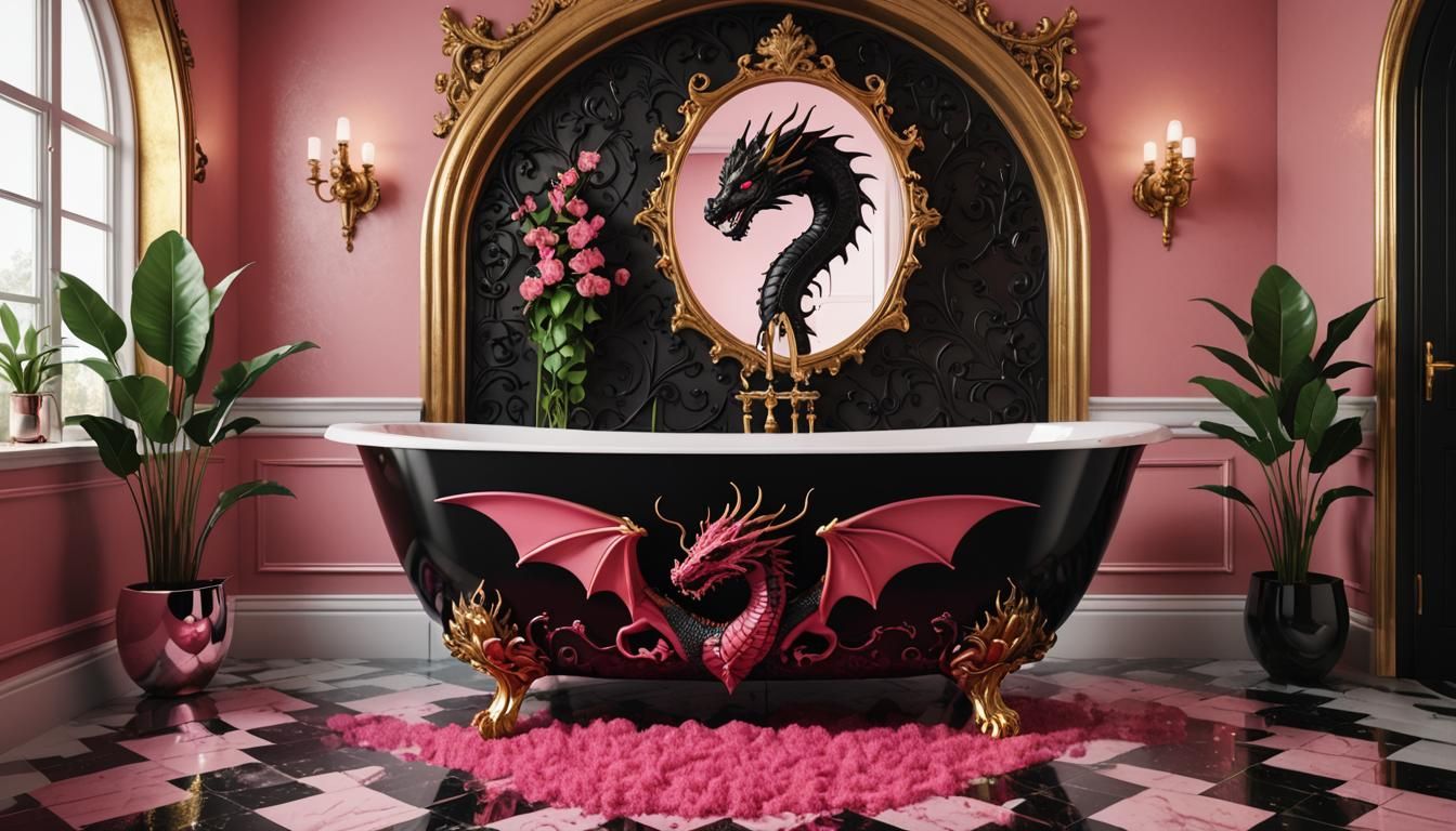 A black and red gothic bathtub shaped like a dragon in purpl...