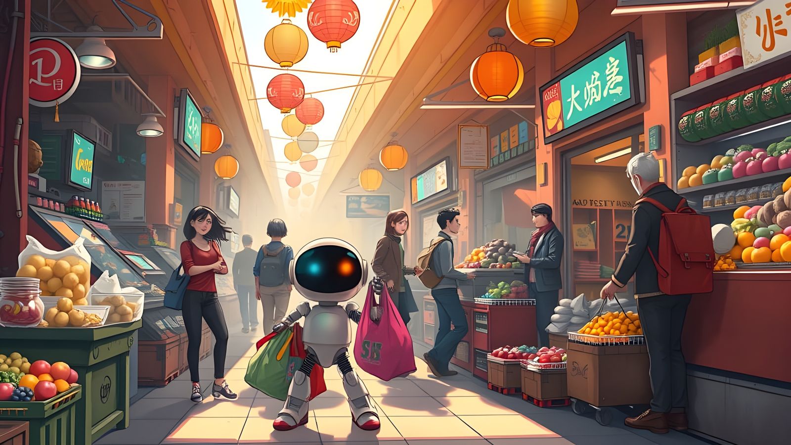 Anime-Style Market Scene with Humans and Robots