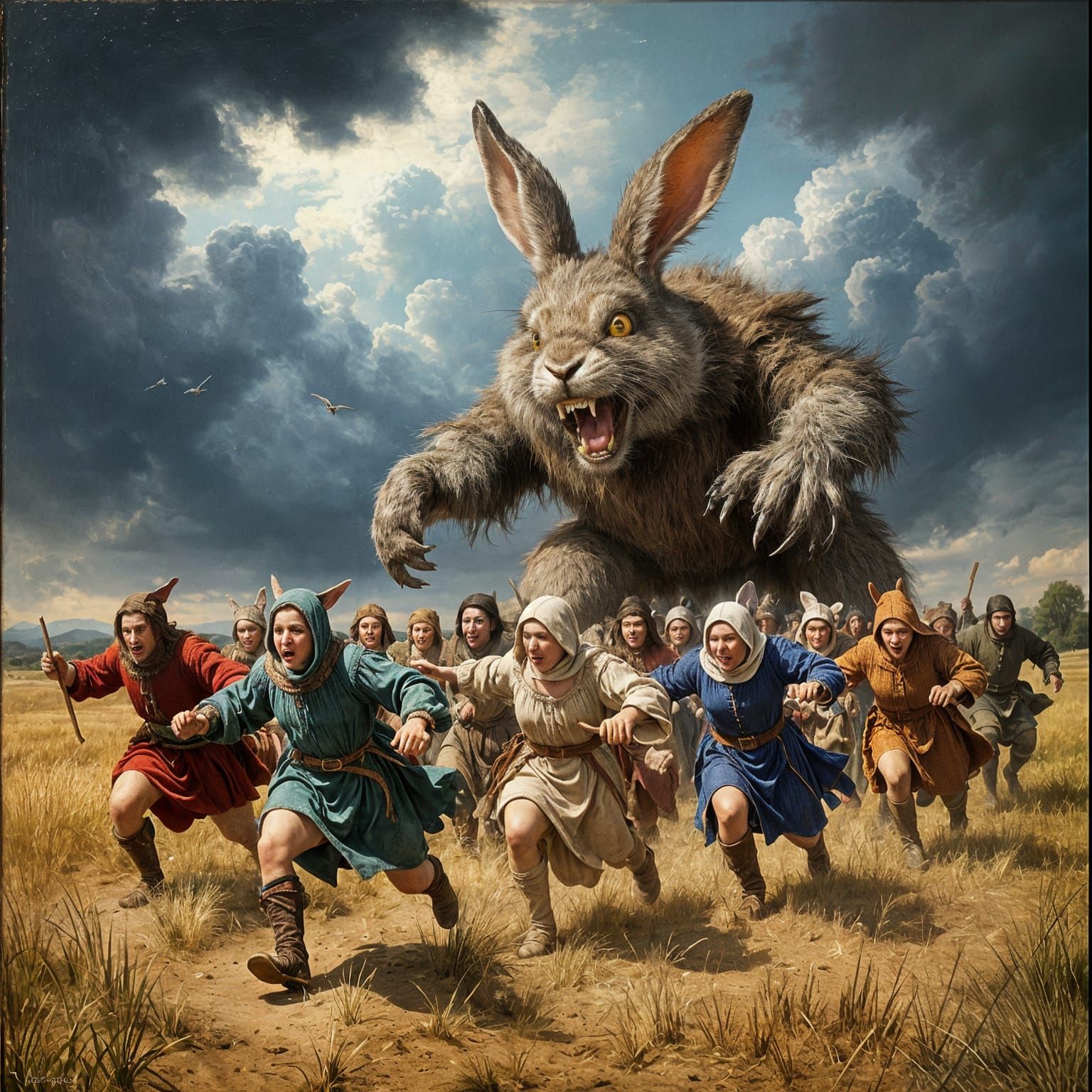 Medieval Oil Painting of Peasants Fleeing Giant Rabbits
