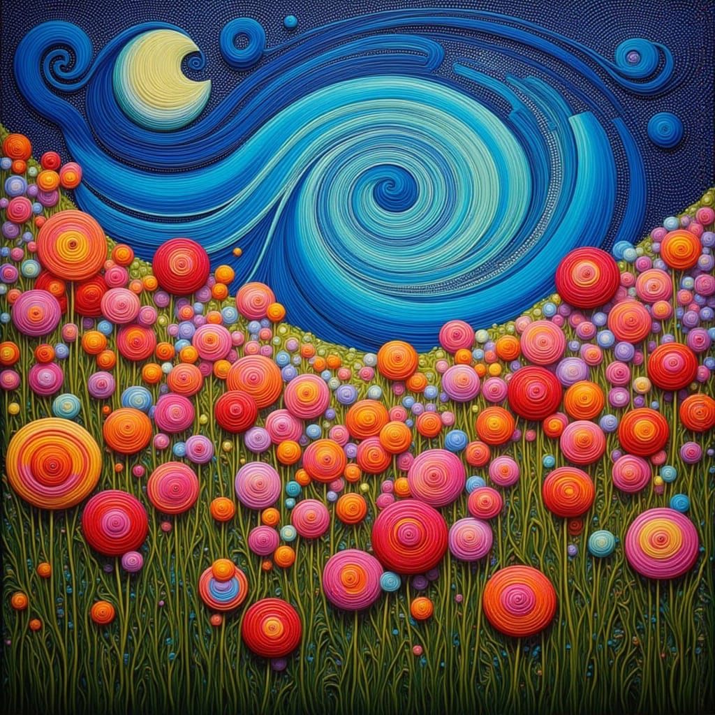 Surreal Floral Field Under Starry Night in Van Gogh Style