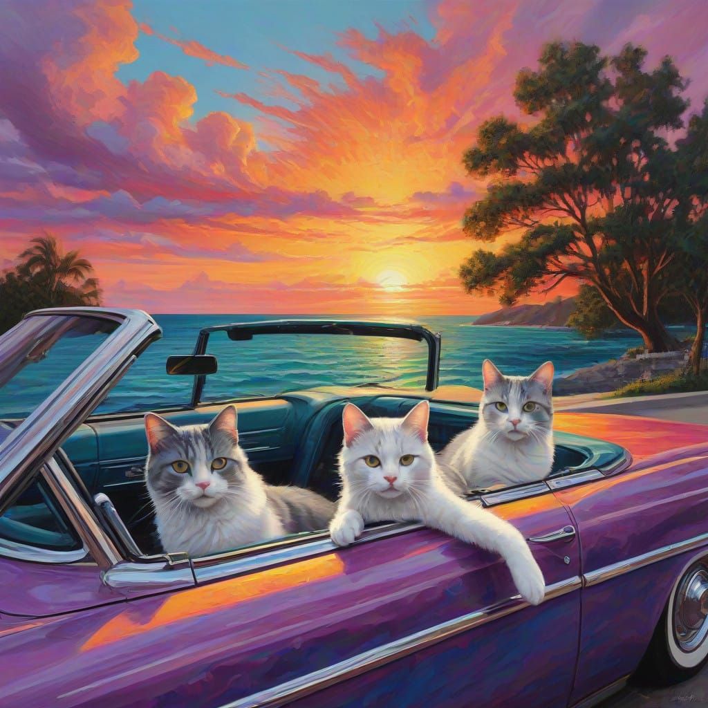 Vibrant Cats in a Sunset Chevy Belair Scene