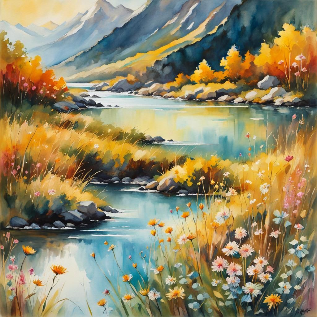 Golden Hour Fantasy Landscape in Watercolor Style