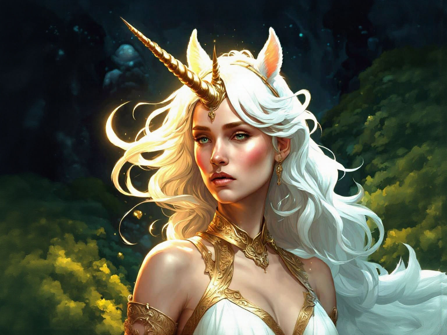 Golden Unicorn Perched on Hillside in Moonlight