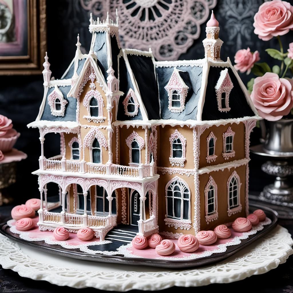 Gothic Gingerbread Winchester Mansion in Gouache Style