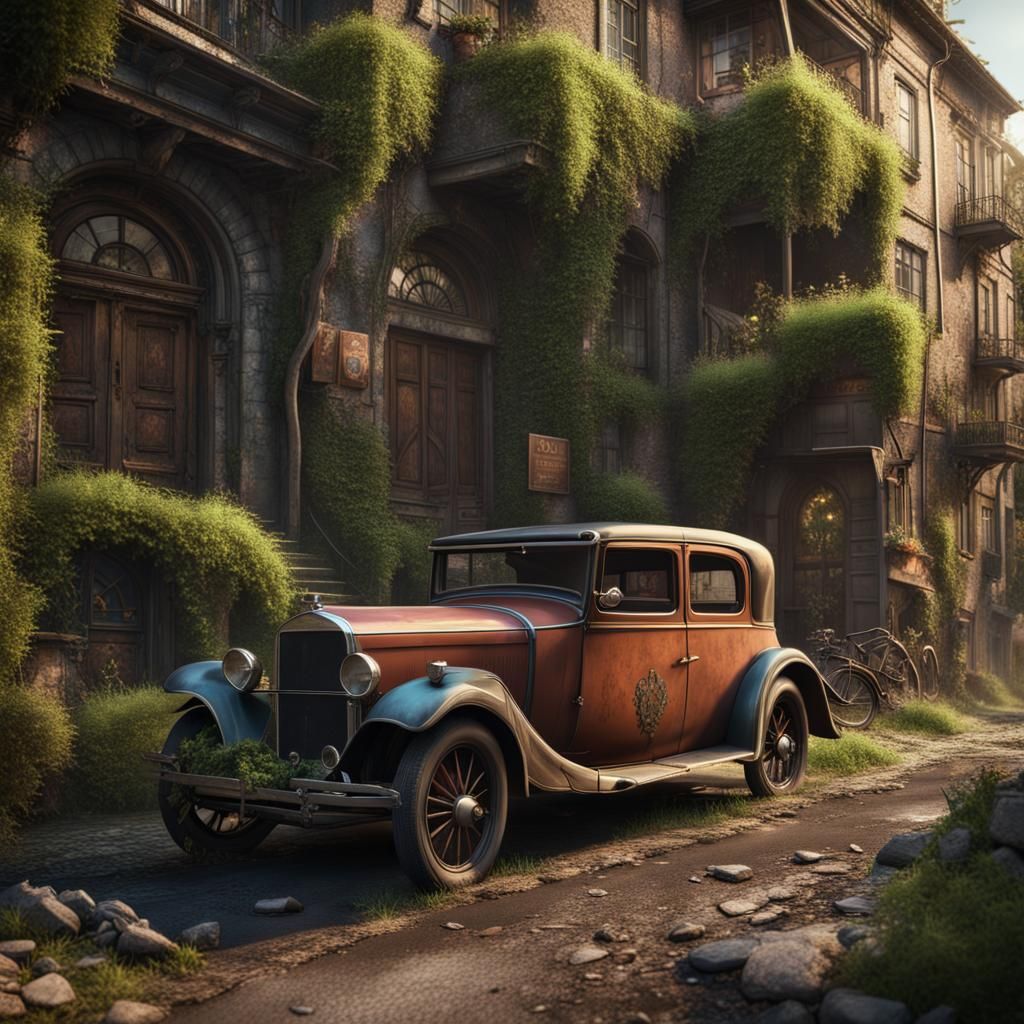 Old Car on City Street: Matte Painting