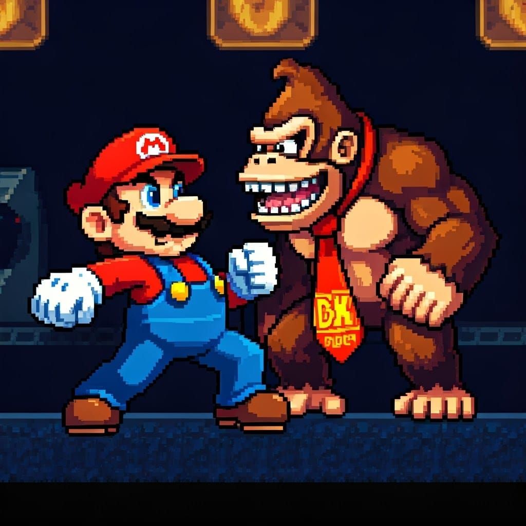 Pixel Art Battle: Mario vs Donkey Kong in 8-Bit Style