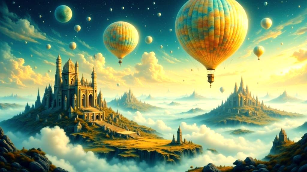 Ethereal Dreamscape: Vintage Balloon Over Floating Islands