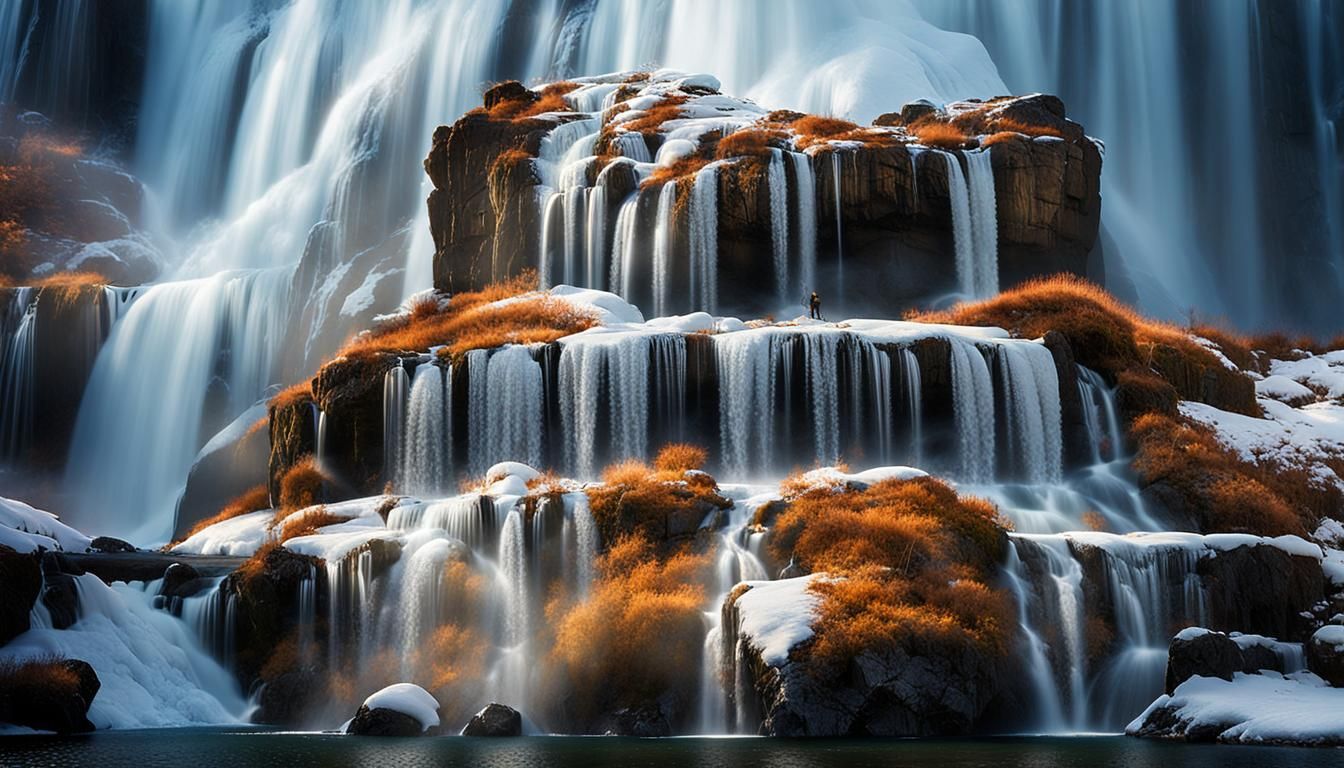 Frozen Waterfall Illuminated by Sunlight