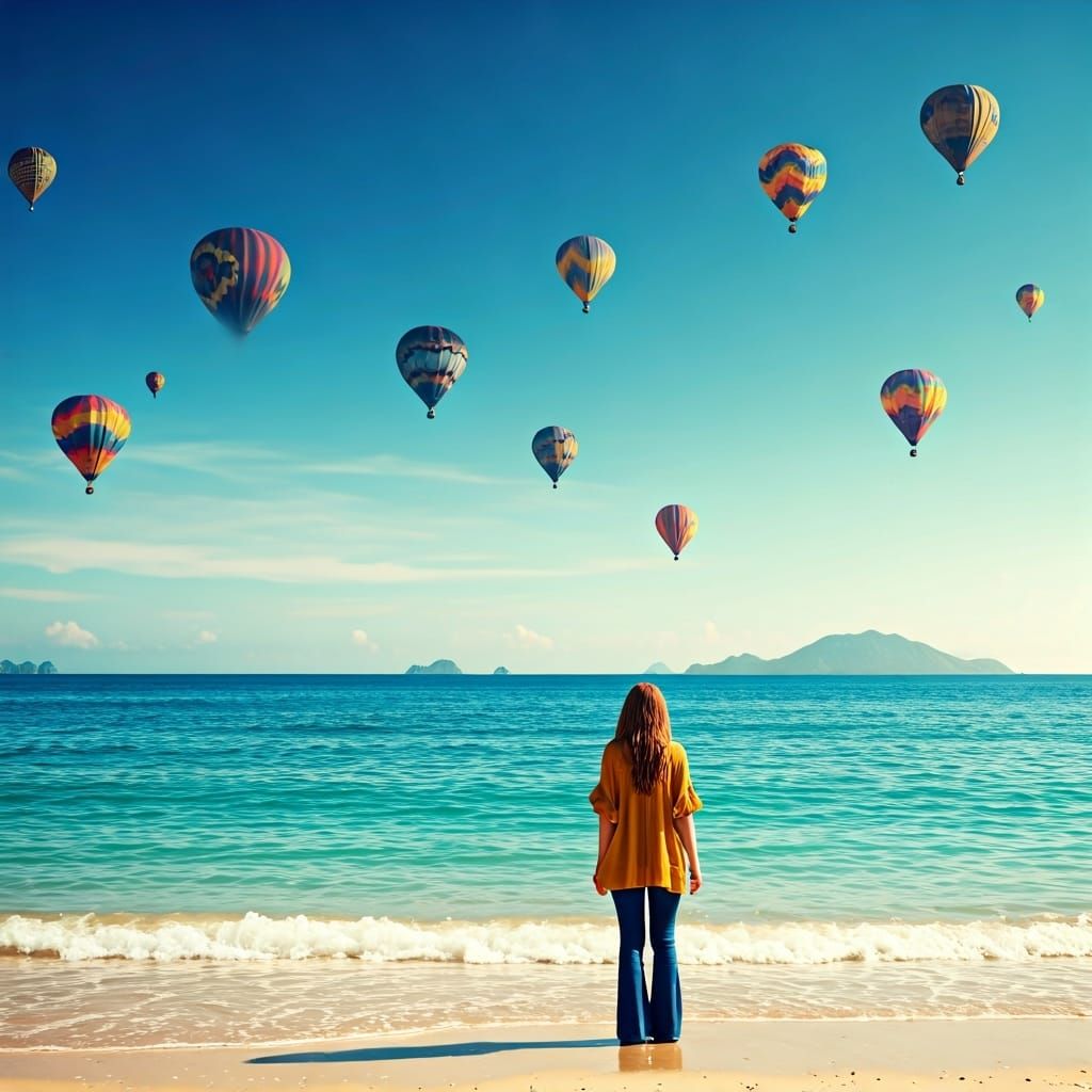 Woman Watches Balloons on Tropical Beach