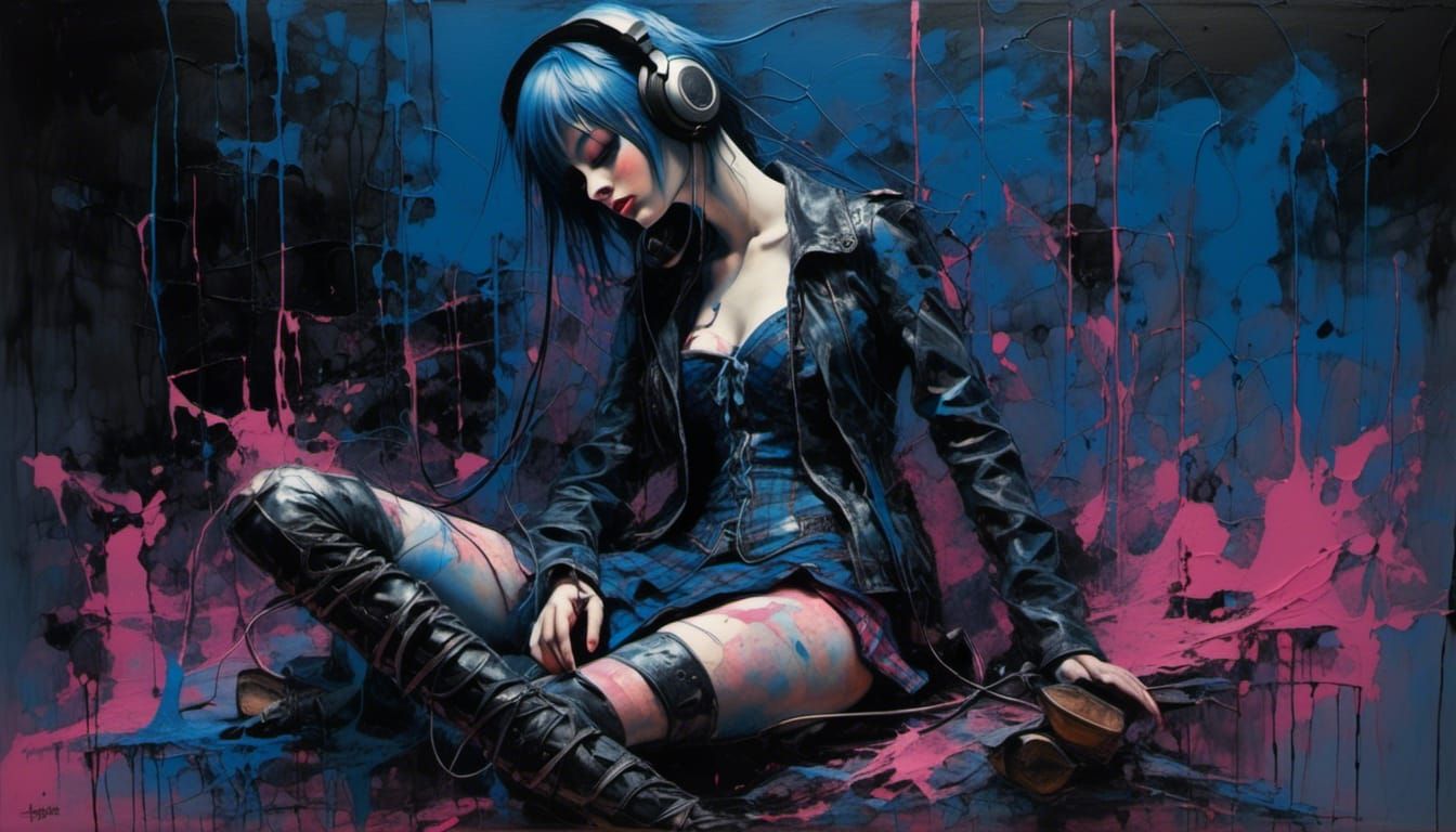 Goth Girl with Headphones in Surreal Impasto Style