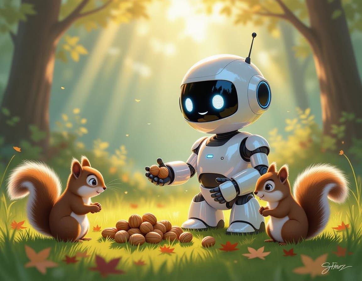 Cute Robot Offers Nuts to Squirrels in Forest