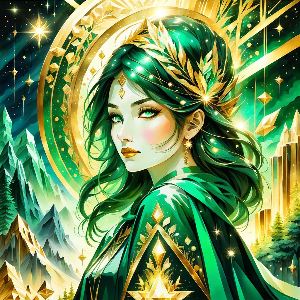 Emerald Crystal Girl in Cosmic Dreamscape Watercolor