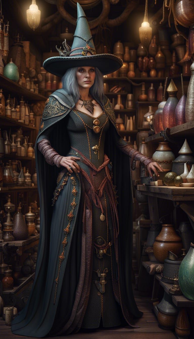 Fantasy Witch Merchant in Oddity Shop: Matte Painting