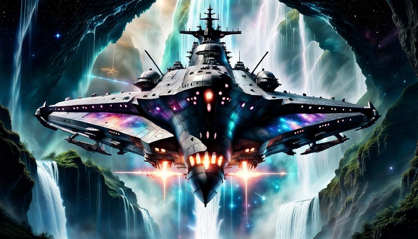Battleship Soaring Under Mystical Waterfall in Space
