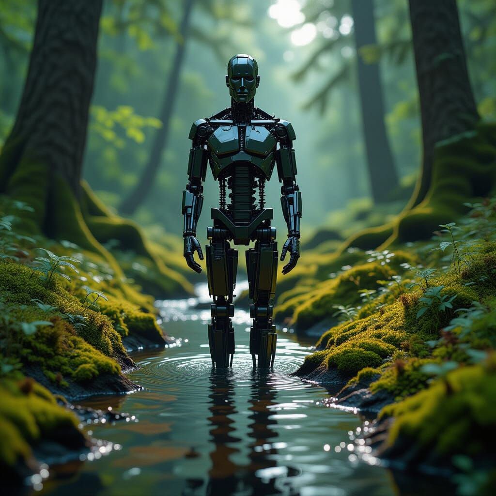 Man Made of Screws and Nails in Realistic Mossy Forest