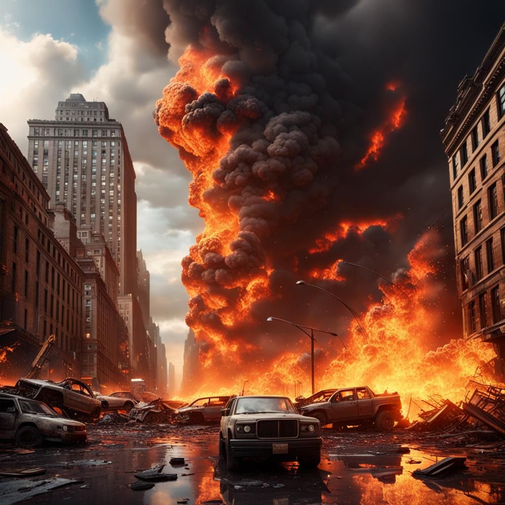 New York City Engulfed in Flames: Apocalyptic View