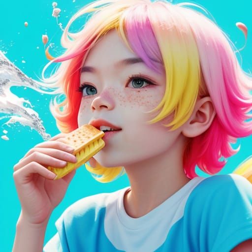 Kid Eating Ice Cream in Splash Art Style