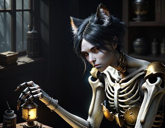 Furry Skeleton Repairs Femur: Dark Fantasy Concept Art