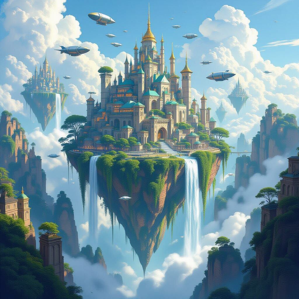 Floating City with Waterfalls and Gardens in Painterly Style