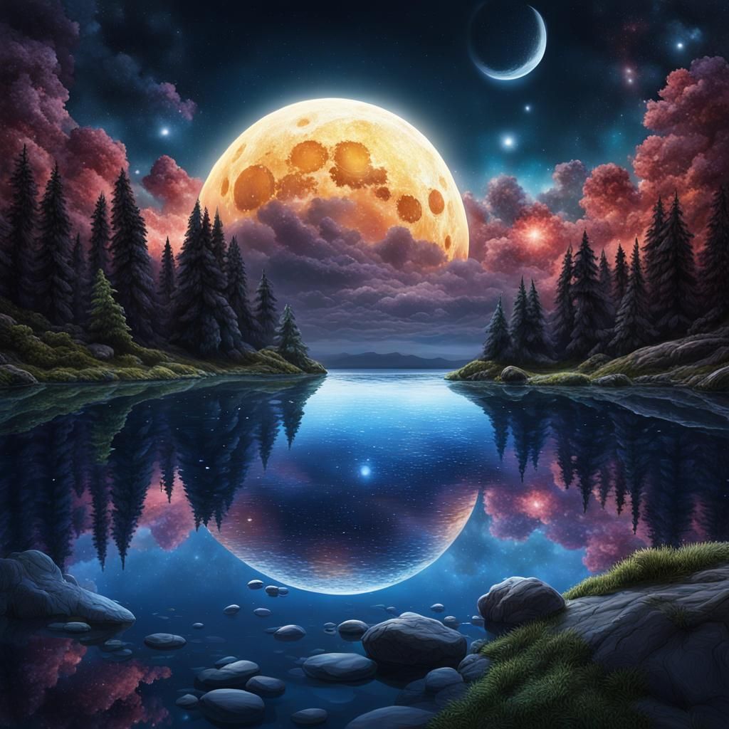 Cosmic Reflection on Moonlit Lake: Hyperrealistic Image