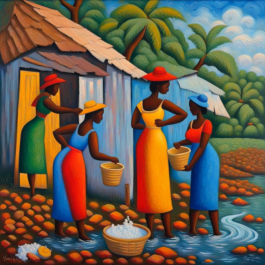 Women washing at river Haitian folk art style in Fan Fan E Desir style vintage Haitian art