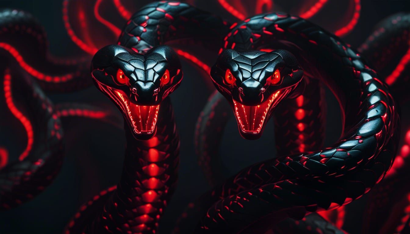 Cyberpunk Glitch-Tech Hydra with Flaming Eyes