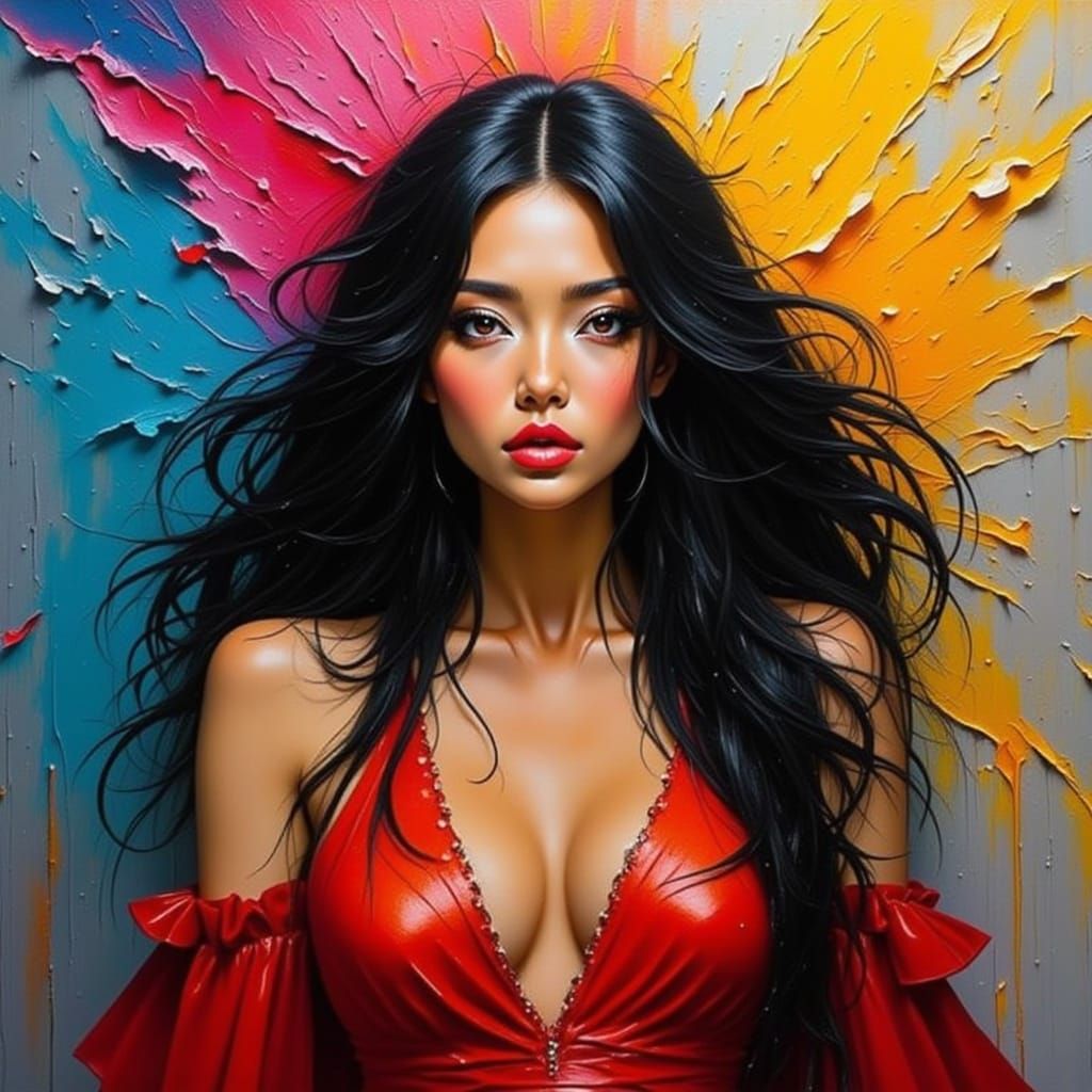 Latin Model in Red Dress with Paint Splash