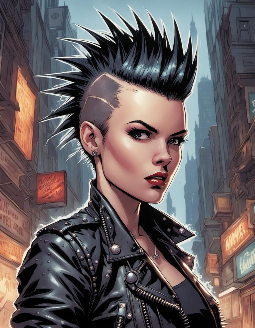 gorgeous female punk with black big spiked mohawk and wearing a leather jacket with spikes