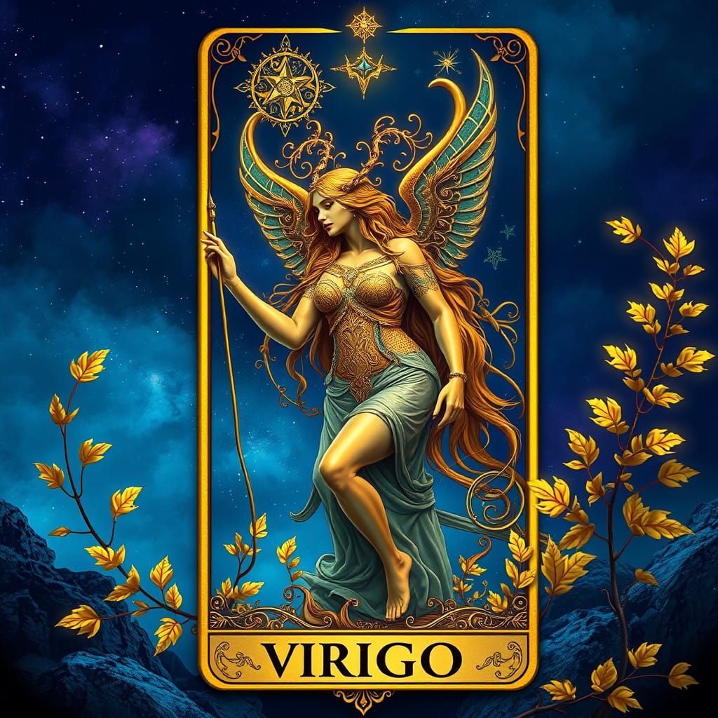 Mystical Virgo Tarot Card in Atmospheric, High-Contrast Styl...