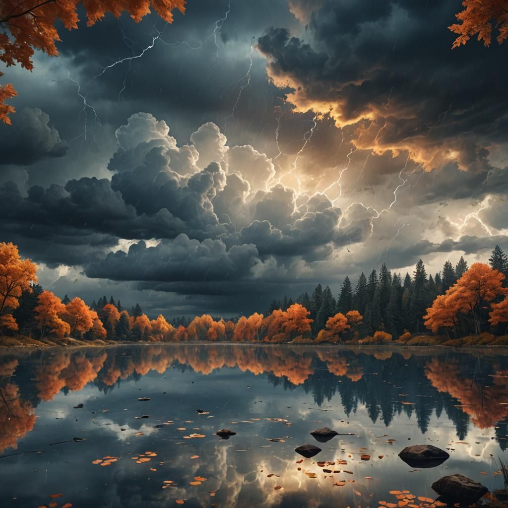 Autumn Lake Under Thunderstorm Sky, as Digital Matte Paintin...