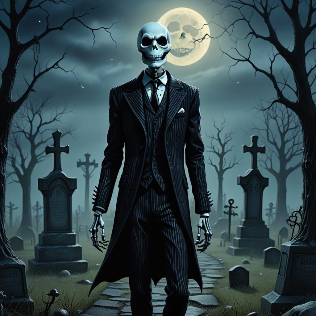 Skeletal Man in Foggy Graveyard, Tim Burton Style