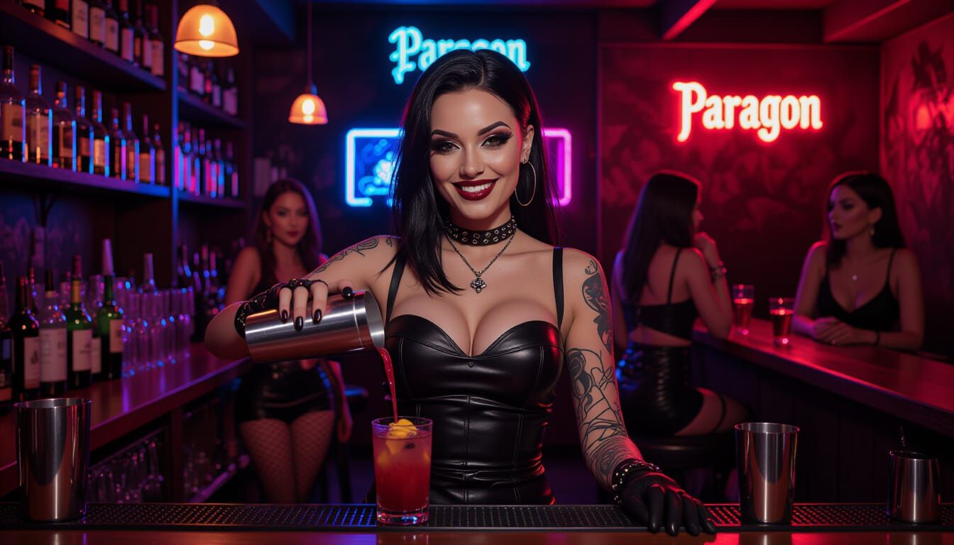 Gothic Bartender Mixing Cocktails in Neon Nightclub