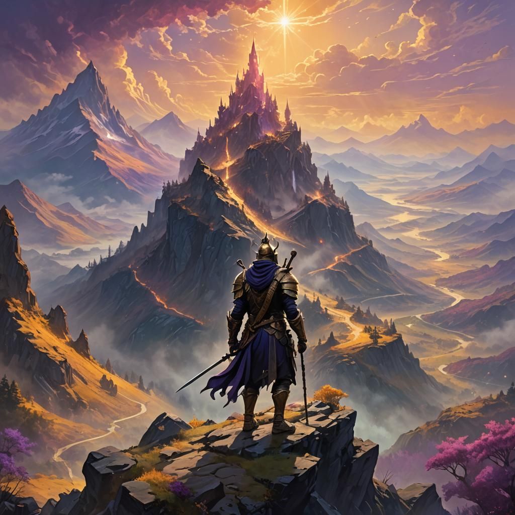 Mystical Warrior Overlooking Fantasy Landscape, as Digital P...