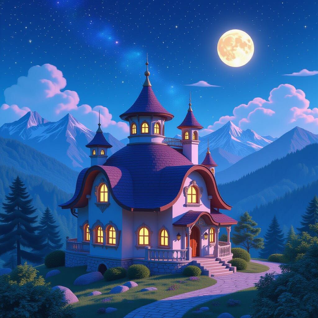 Whimsical Mountain House Under Starry Night Sky