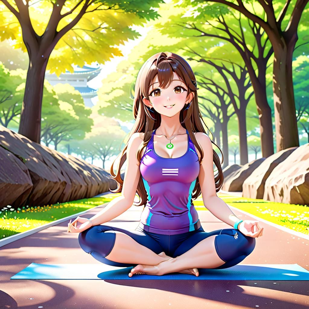 Anime Style Korean Woman Doing Yoga in Park