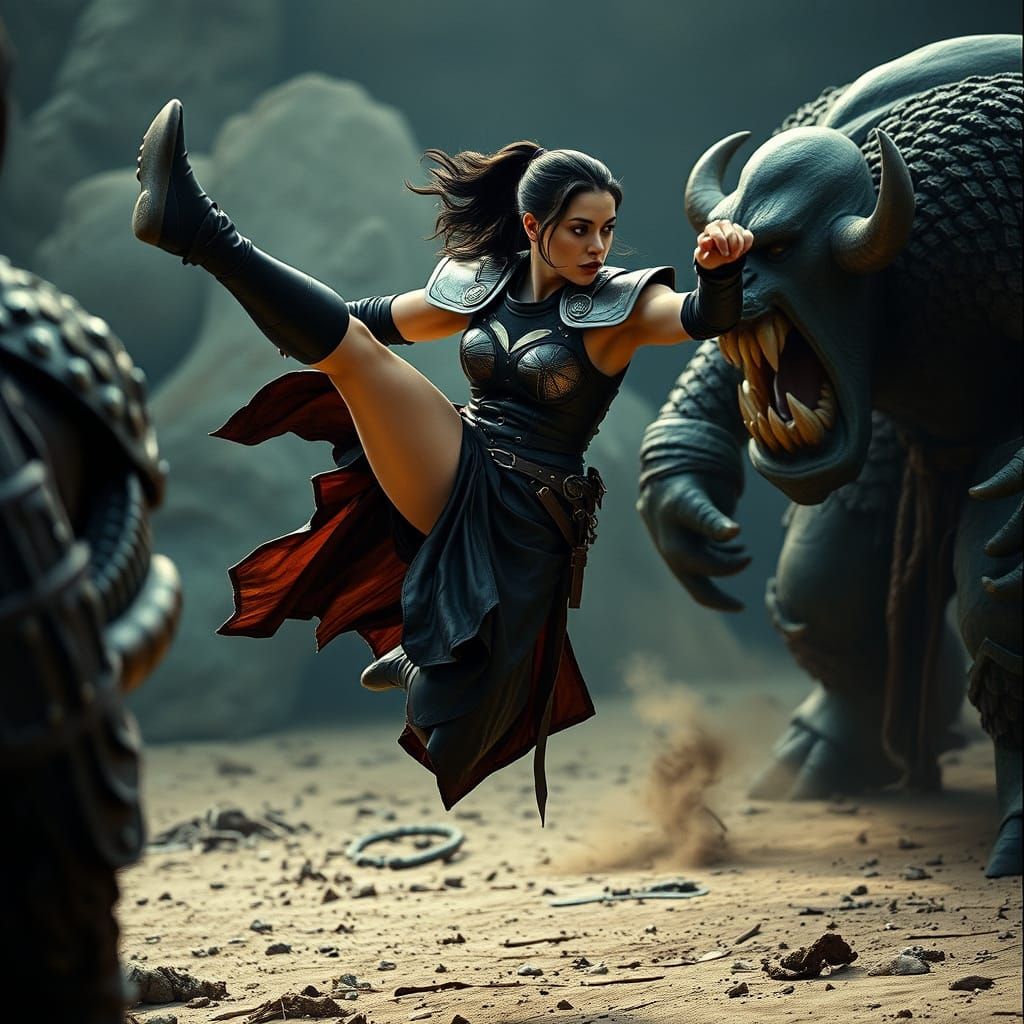 Gal Gadot as Medieval Warrior Kicks Ogre